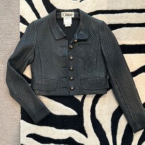 100% Lamb Skin Black Cropped Blazer with Textured Fabric